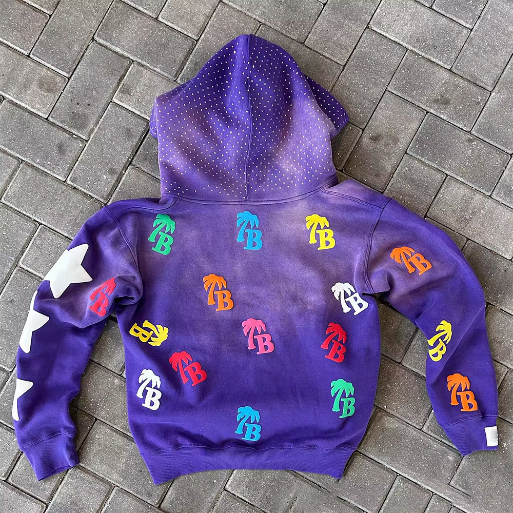Zipper Puff Print Hoodie Vintage Washed 500gsm Heavyweight Oversized Raw Hem