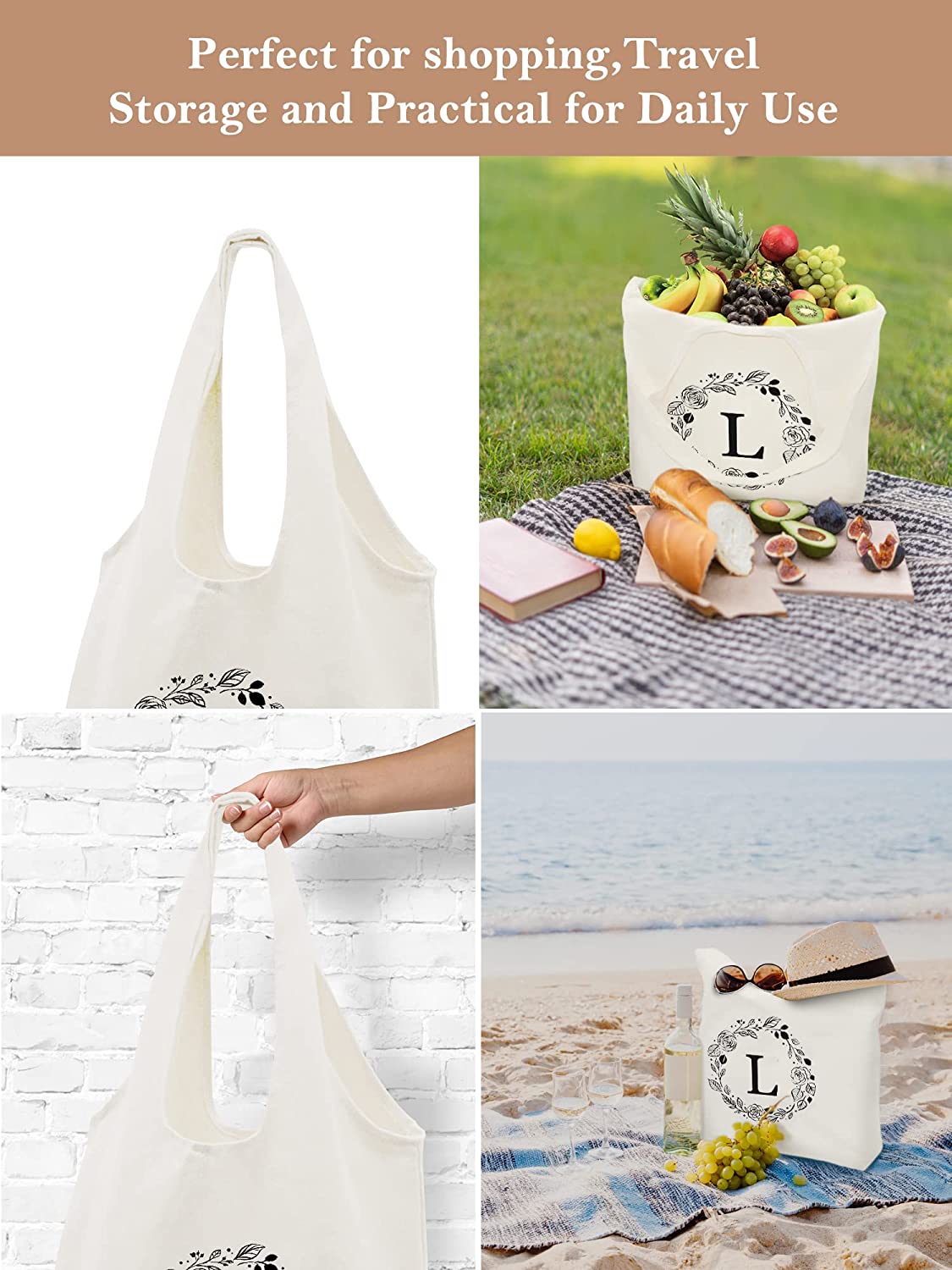 Women'S Large Canvas Tote Bag Reusable 5.91 x 4.45 x 3.7 inches