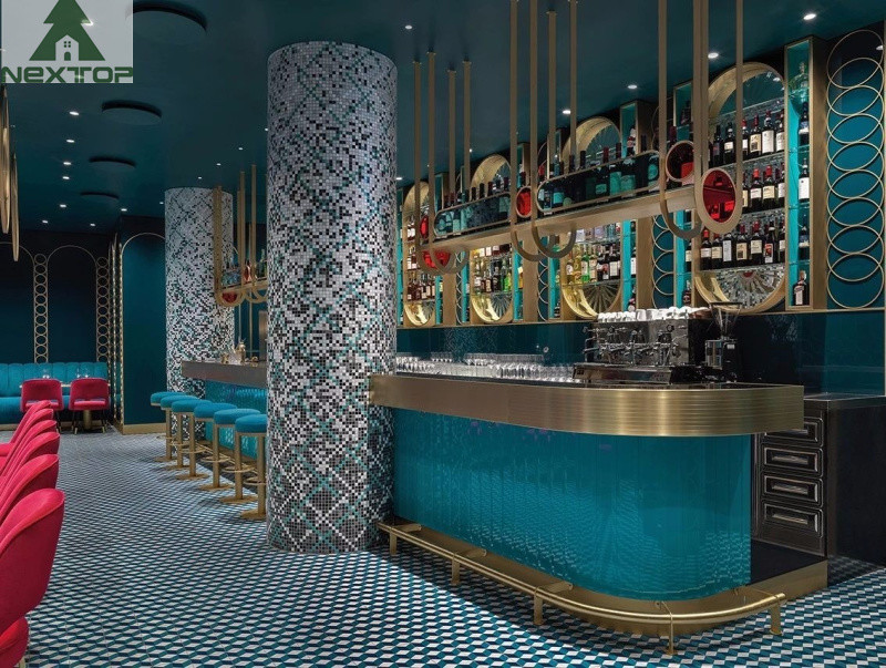 Retro One Stop Solution Bar Restaurant Booth Seating Long Couch Railing Screen Wall Cabinet