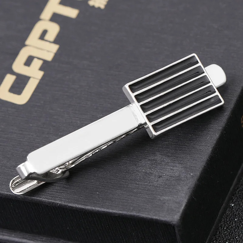 Men's Brass Metal Tie Clip And Cufflink Set With Black Enamel For Wedding Party