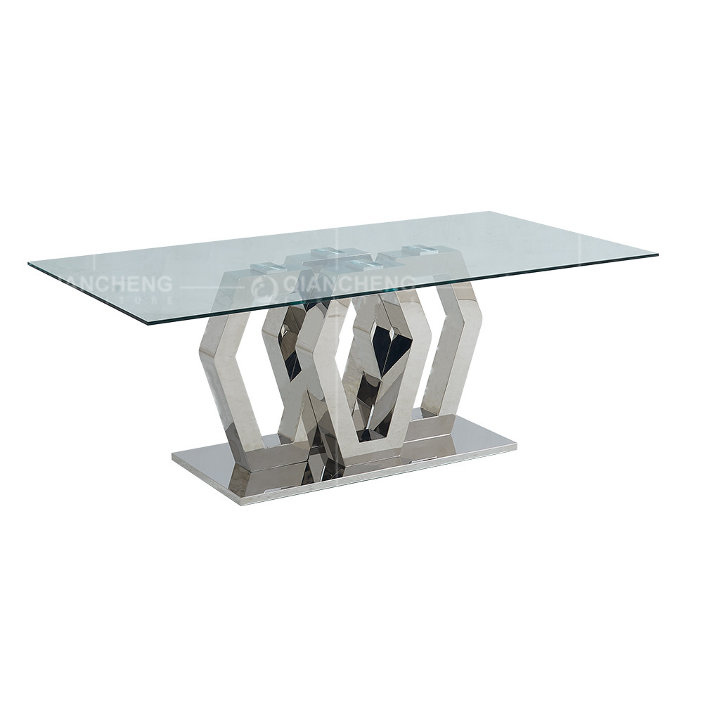 Geometric Form 12mm Metal Frame Glass Top Dining Table 200cm Glass Dining Table