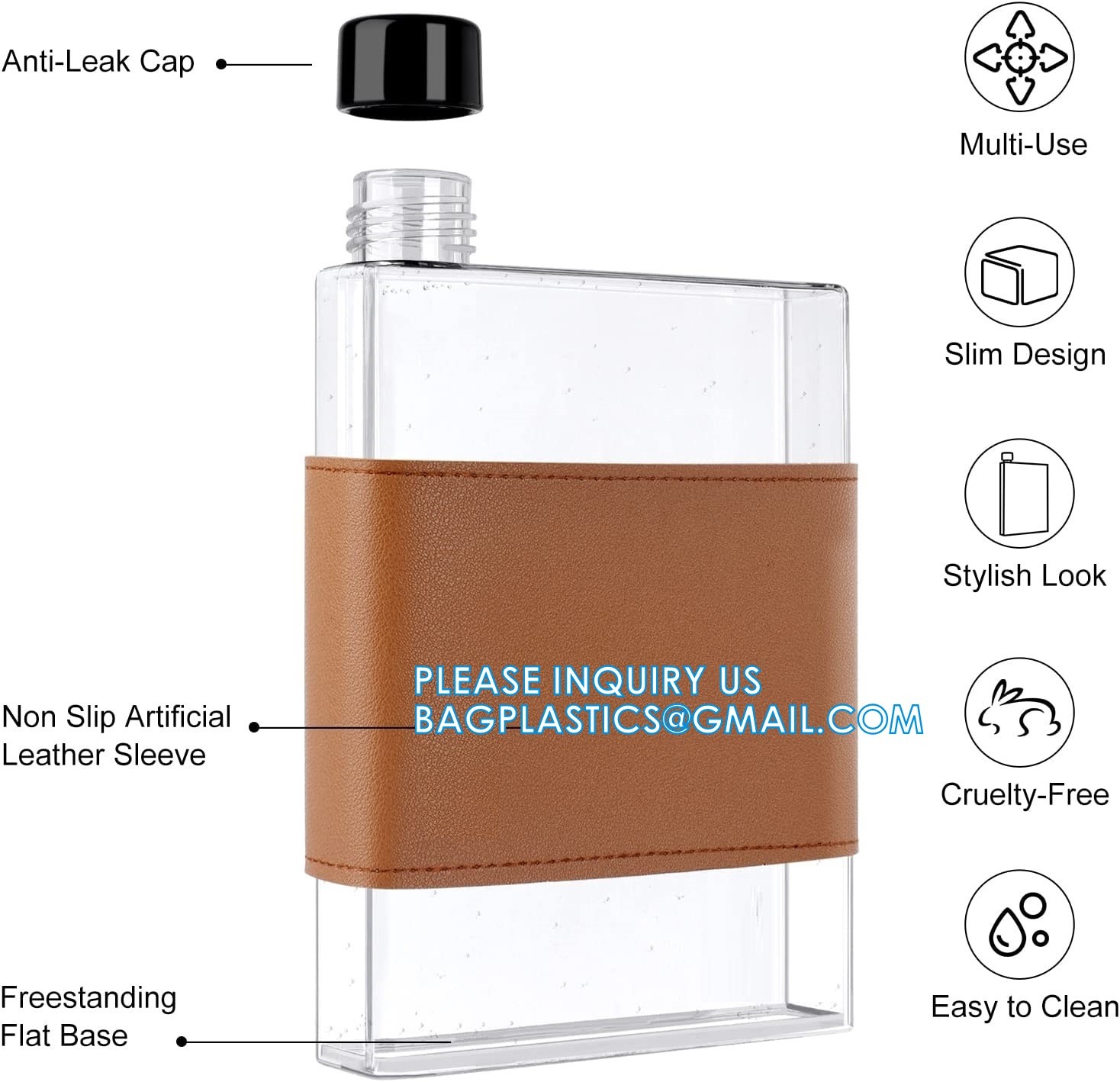 Square Purse Flat Slim Water Bottle, Memobottle, Cups for Outdoor Sports Camping Hiking Cycling Travel