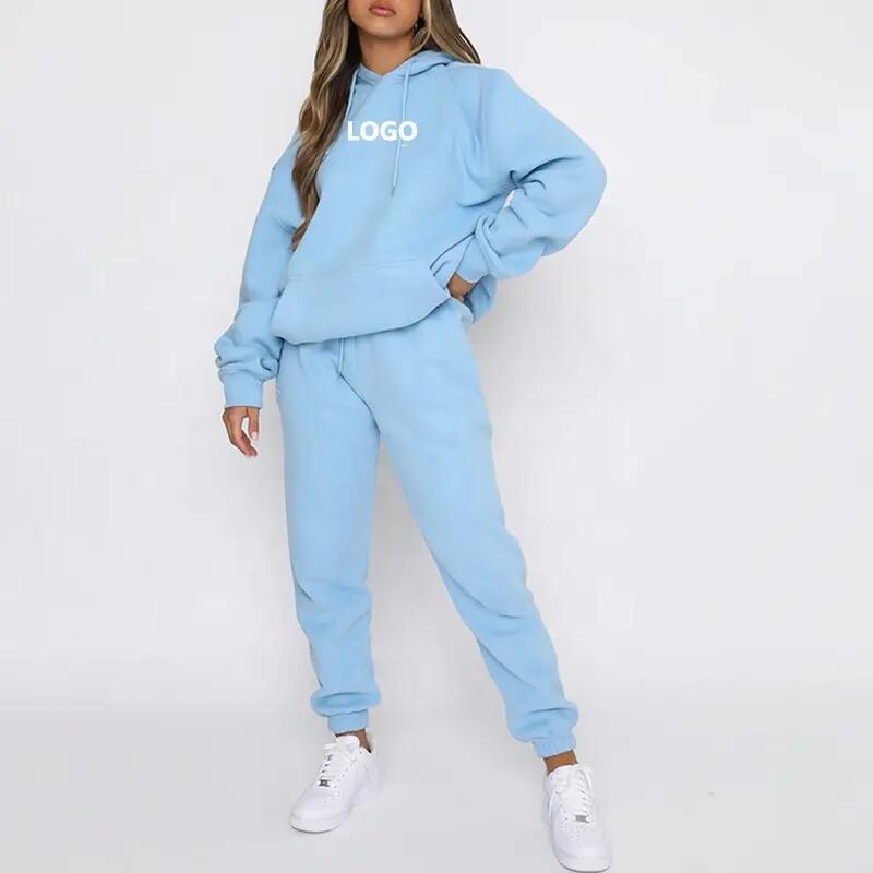 Custom Logo Winter High Quality Casual Wool Sweatpants and Hoodie 2 Piece Sets Fitness Solid Color Cotton Fleece Women Tracksuit