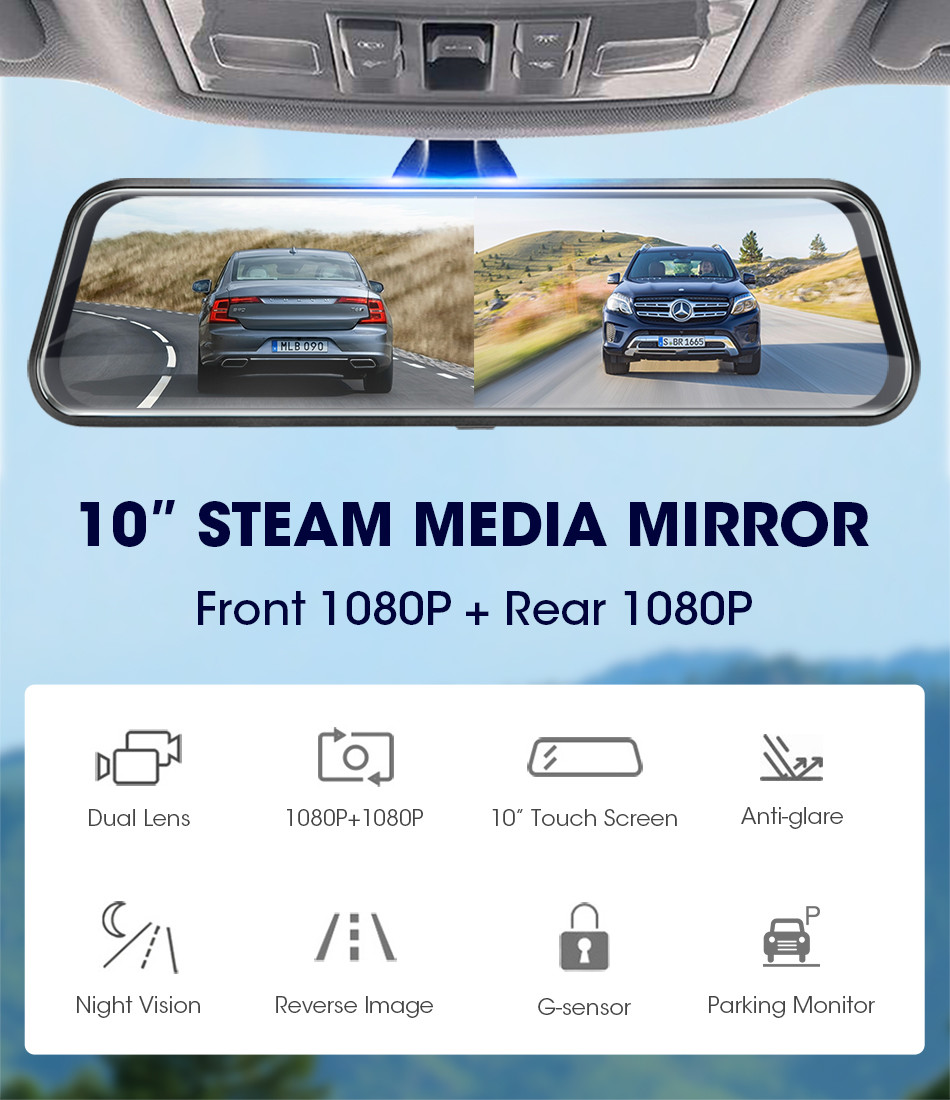 9.66 Inch Dual Wireless Dashboard Camera Dash Cam Video Driving Recorder 170 Degree