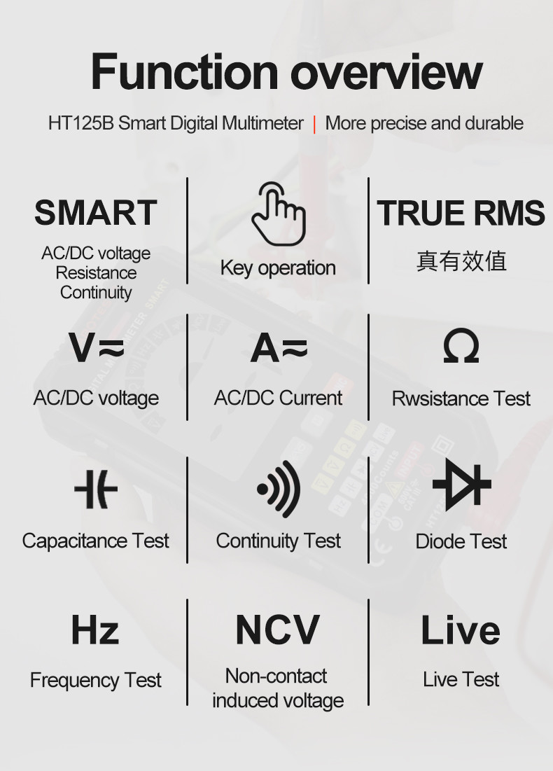 HT125B Smart Digital Electrician Multimeter Digital DC AC Voltage Ohm Diode Capacitance NCV Hz Live Wire Tester
