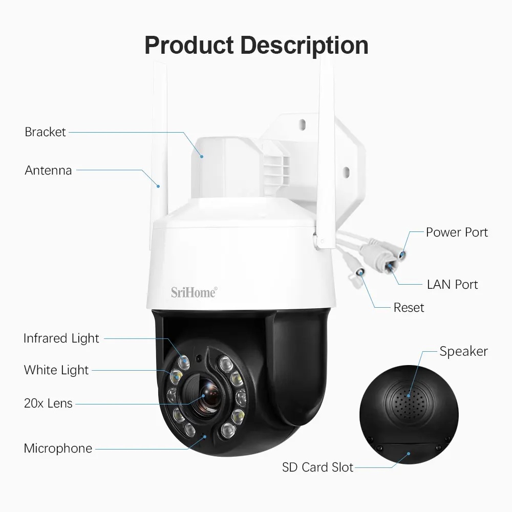 SriHome 20x Optical Zoom Two-Way Audio Dual-Band Wi-Fiindoor Outdoor CCTV Home Safety Security IP Camera