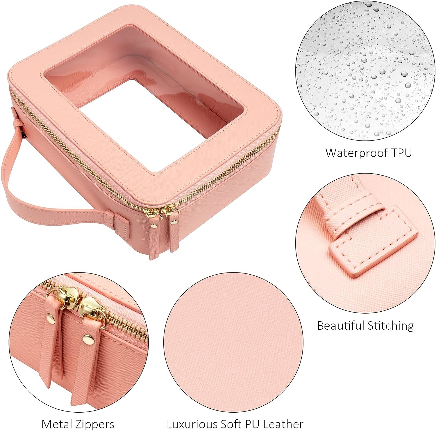 Travel Toiletry Cosmetic Bag Case For Women Vegan Leather Makeup Pouch With Handle