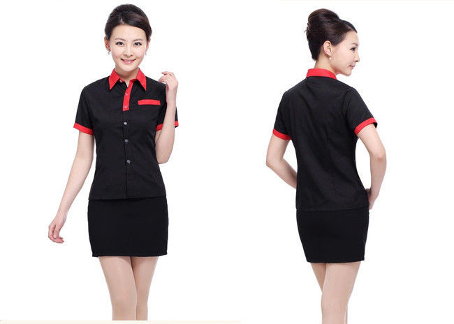 Red And Black Color Restaurant Staff Uniform Cotton New Polo Style For Waitresses