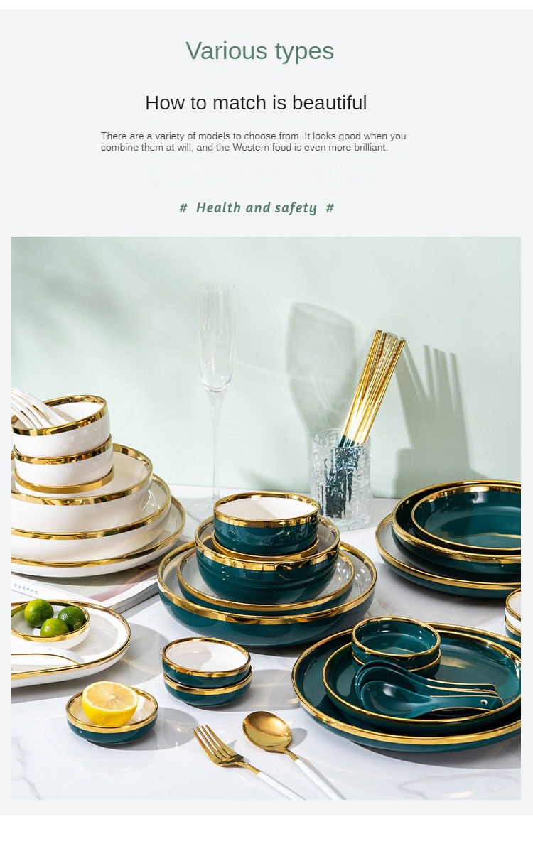 Hot Sale Exquisite Life High Quality Gold Frame Dark Green Home Porcelain Dinner Set Ceramic Tableware Set