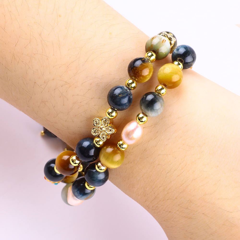Unique 8MM With Dream Tiger Eye SunFlower Spinner Charm Blessing Crystal Double Layer Bracelet