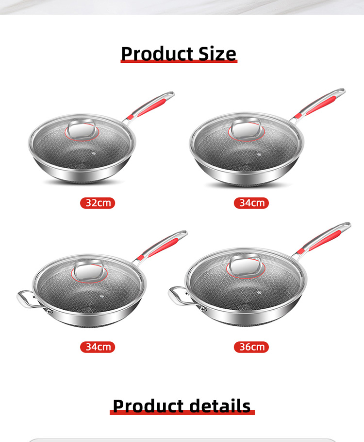 Wholesale Honeycomb Non Stick Fry Pan Cooking Pot 18/10 Stainless Steel Wok Pan With Glass Cover