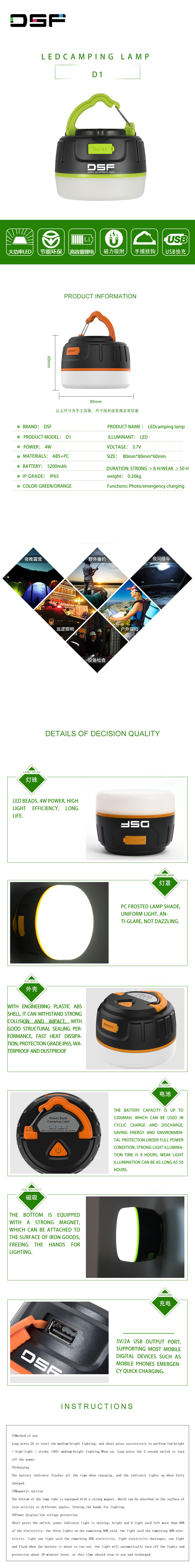 LED camping lamp hand lamp emergency charging 4W 5200mAh IP65