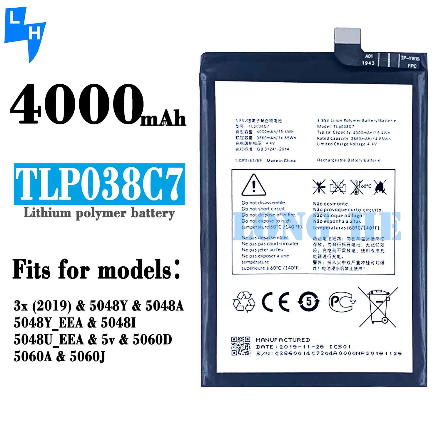 4000mAh 3.85V Lithium Polymer Battery TLP038C7 for Alcatel 5V OT-5060A OT-5060D Durable