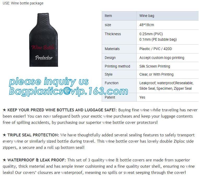 Zip lockk bottom leakproof reusable wine bottle protector 3 pack bubble travel protective bag,USA Amazon WineSkin Protecto