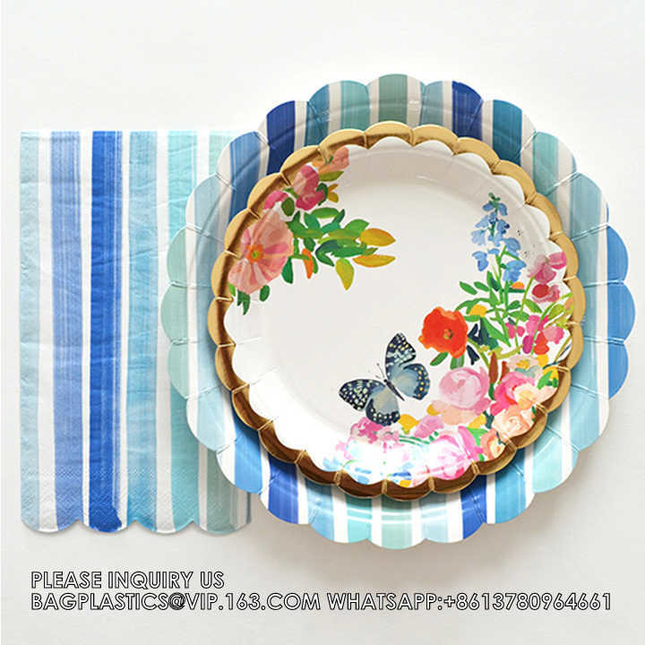 Disposable, Recyclable, Sustainable, Party Decoration Paper Plate Blue Tea Party Theme Tableware Paper Plate Set