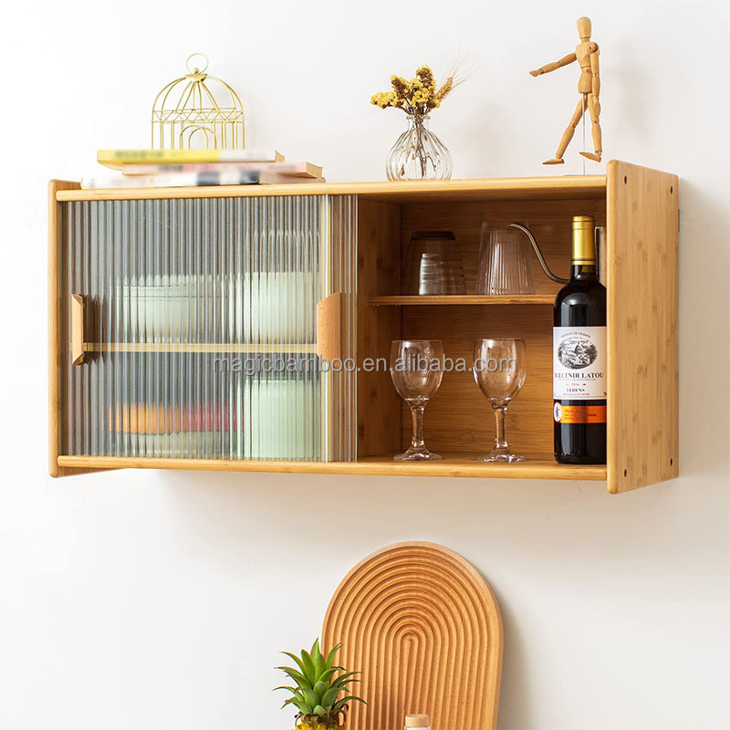 Bamboo Wall Mounted Kitchen Pantry Organizers Sideboard With Transparent Doors
