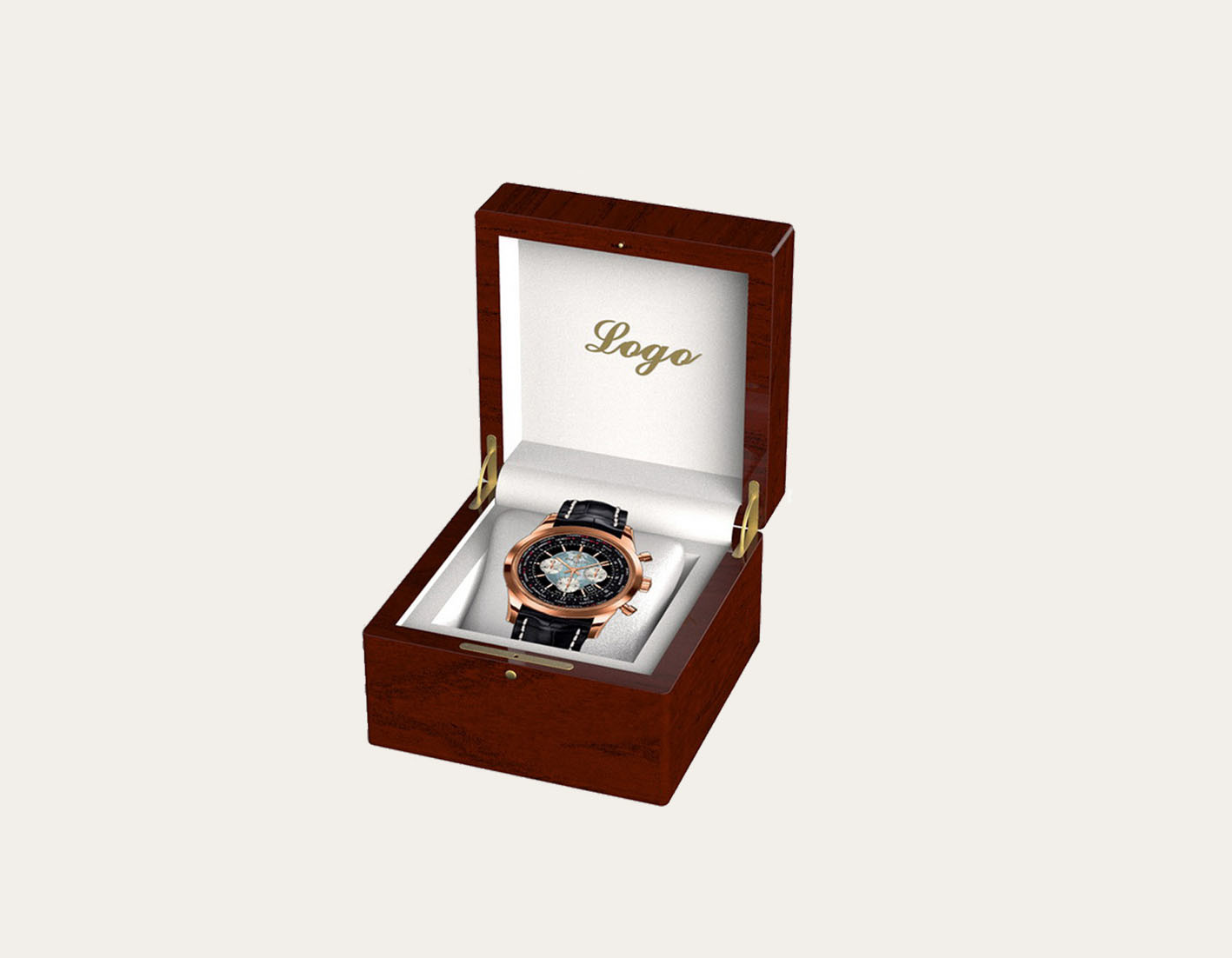 Lockable Hinged Watch Box with Glossy Black Wooden Box Inside White Soft PU Leather