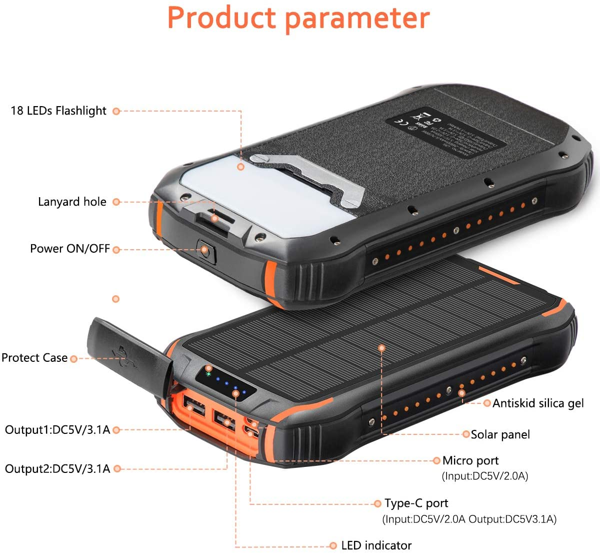 26800mAh Portable Solar Powerbank With Wireless Function IPX7 Waterproof
