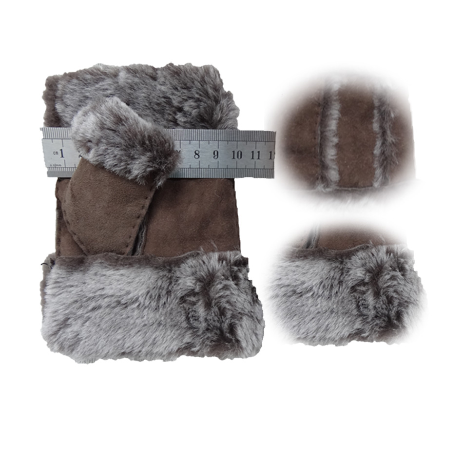 Stock Ladies Lambskin Gloves with Curly Fur Trim Cuff Shealring Sheepskin Fingerless Gloves