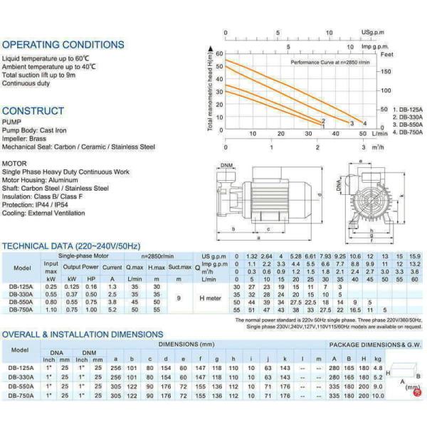 DB Series Electric Peripheral Electric Pump , High Pressure Pumps Brass Impeller