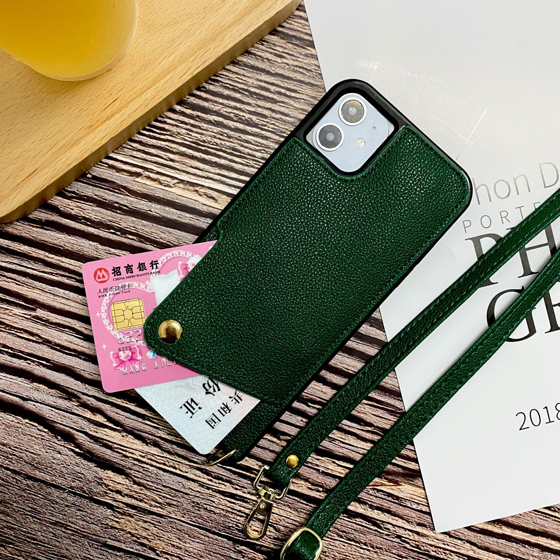 Vintage Card Pocket Phone Case Adjustable Lanyard Case Shockproof for Iphone