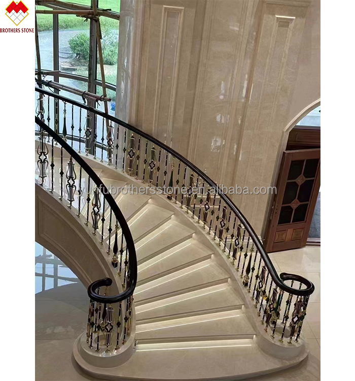 Modern Anti-Slip Beige Marble Waterjet Steps and Treads for Villas Spiral Staircase
