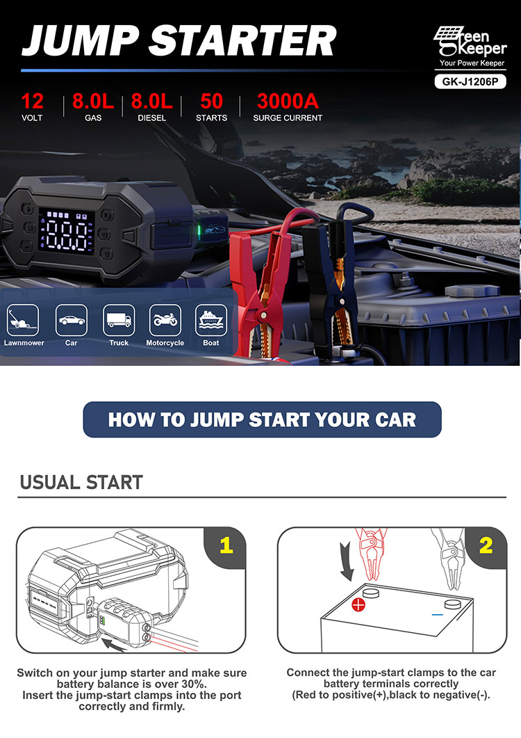QC 18W Type-C Input Portable Rechargeable Jump Starter with Built-in Battery Booster