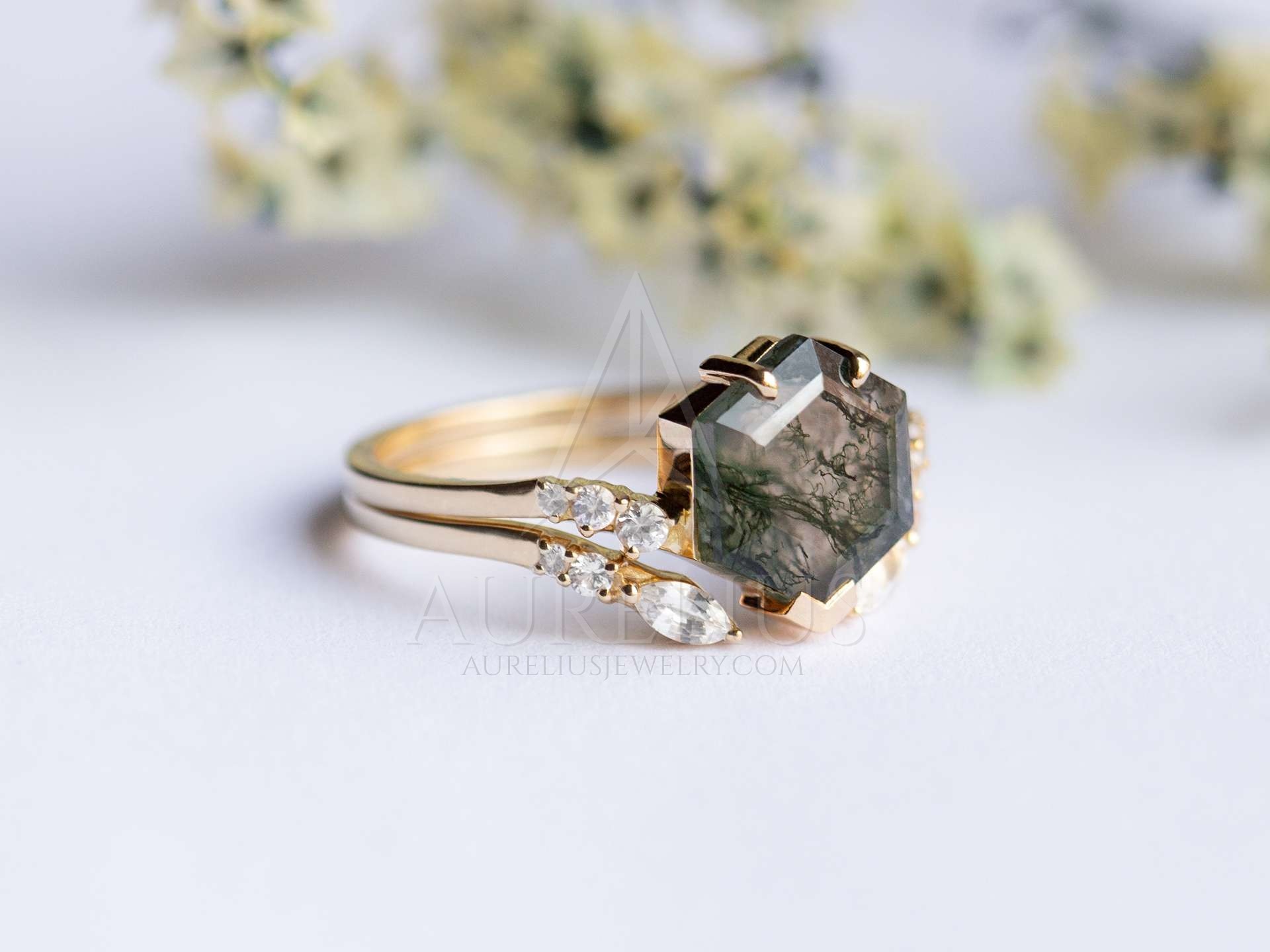 Large Hexagon Moss Agate Statement Wedding Cluster Ring Set