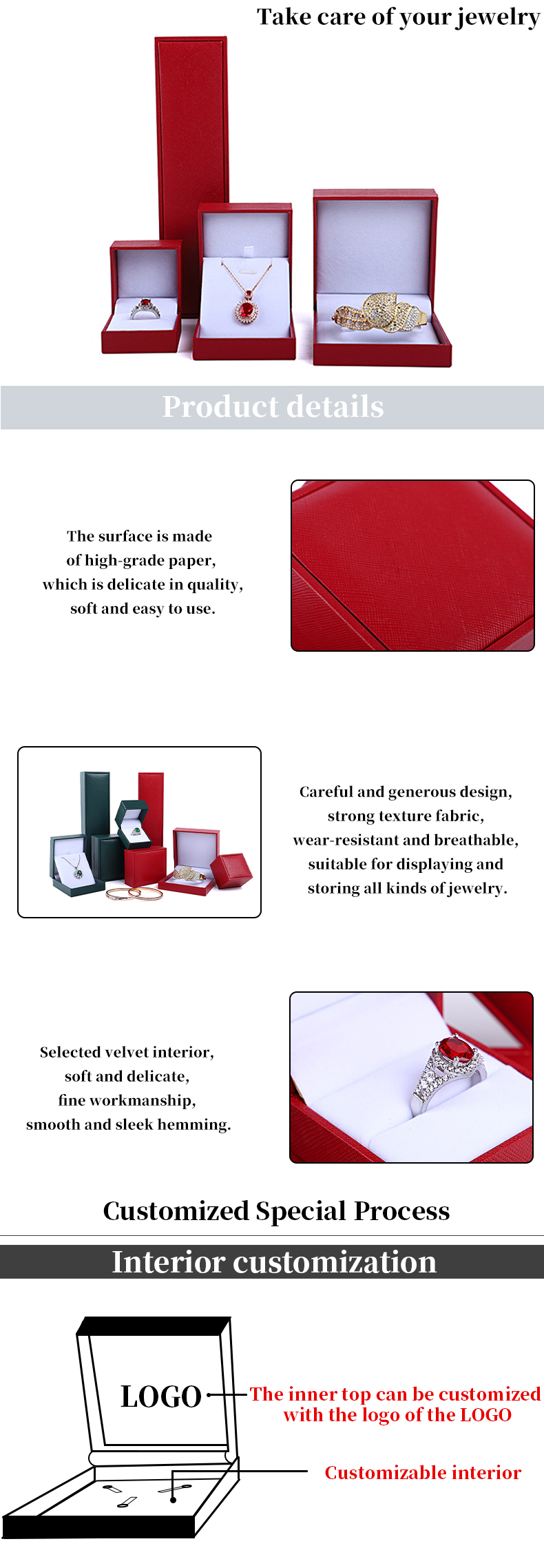 Customized Size Paper Velvet Hanhong Color Jewelry Box for Necklace Bracelet Ring Earrings
