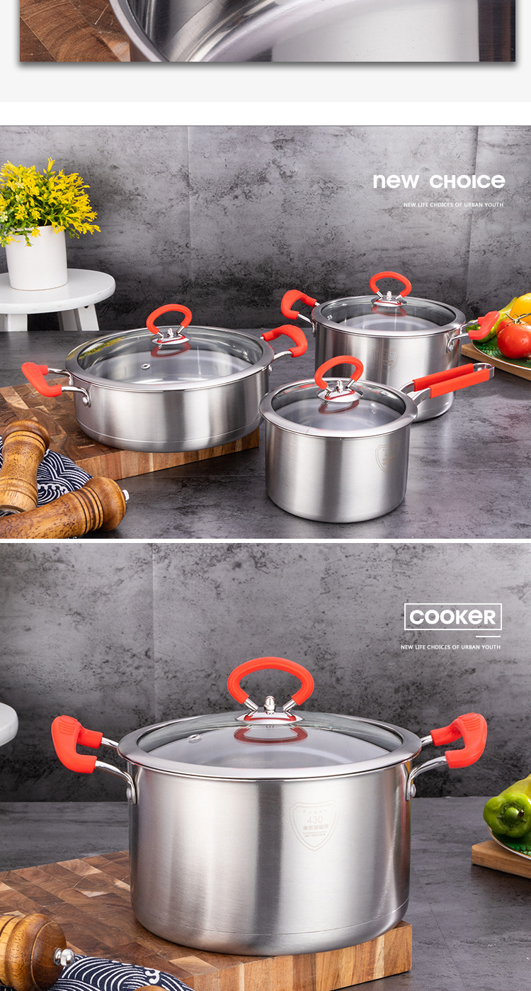 Best Sale 430 Stainless Steel Cooking Soup Pot Set Saucepan Cookware Set With Silicone Handle