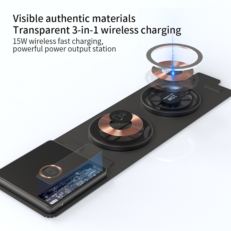 Trending Products 2022 New Arrivals Portable Folding 15 Watt 3 In 1 Transparent Wireless Charger