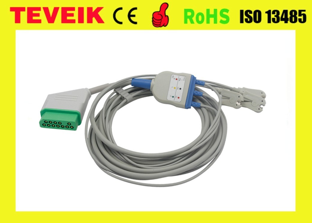 Nihon Kohden One Piece 3 Leads ECG Cable Round 12pin With Clip IEC And TPU Material