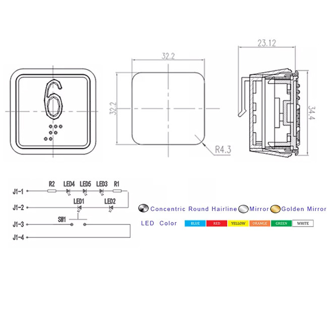 Square DC24v Elevator Push Button Up And Down Push Button Switches