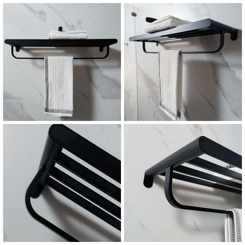 Black Bathroom Towel Rack With Two Towel Bars Wall Mount Holder