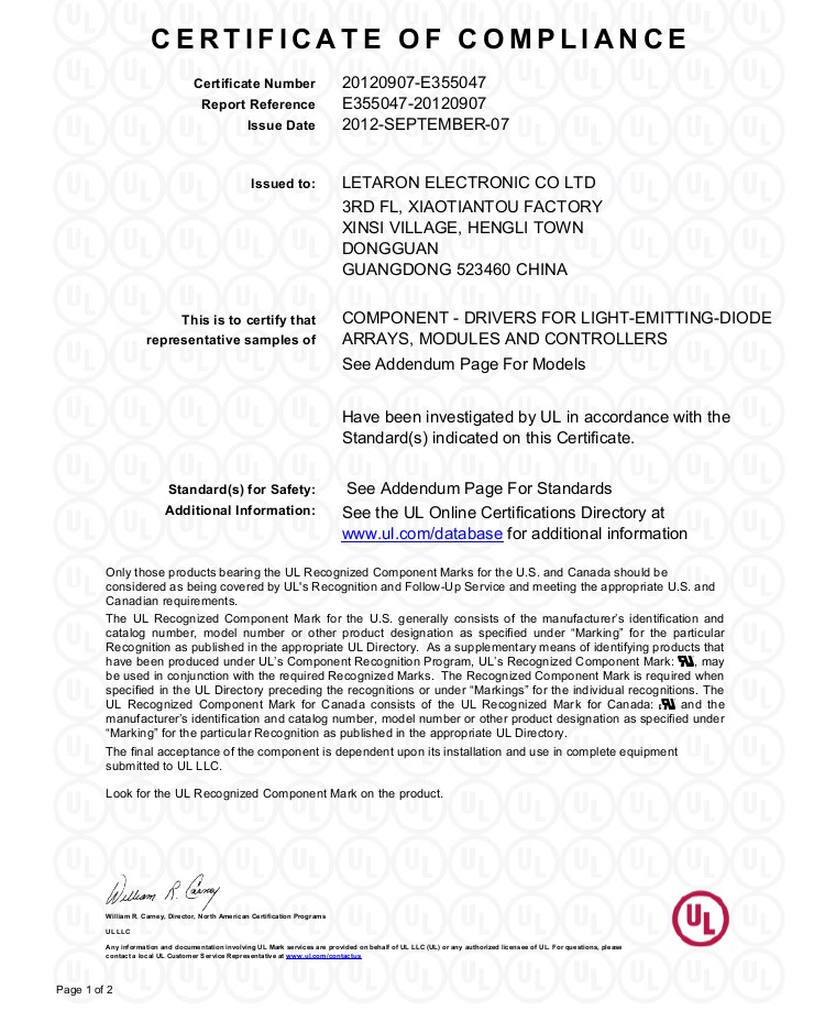 ULCUL Approved Letaron LED Driver , Class 2 Protect 12v Led Strip Light Driver