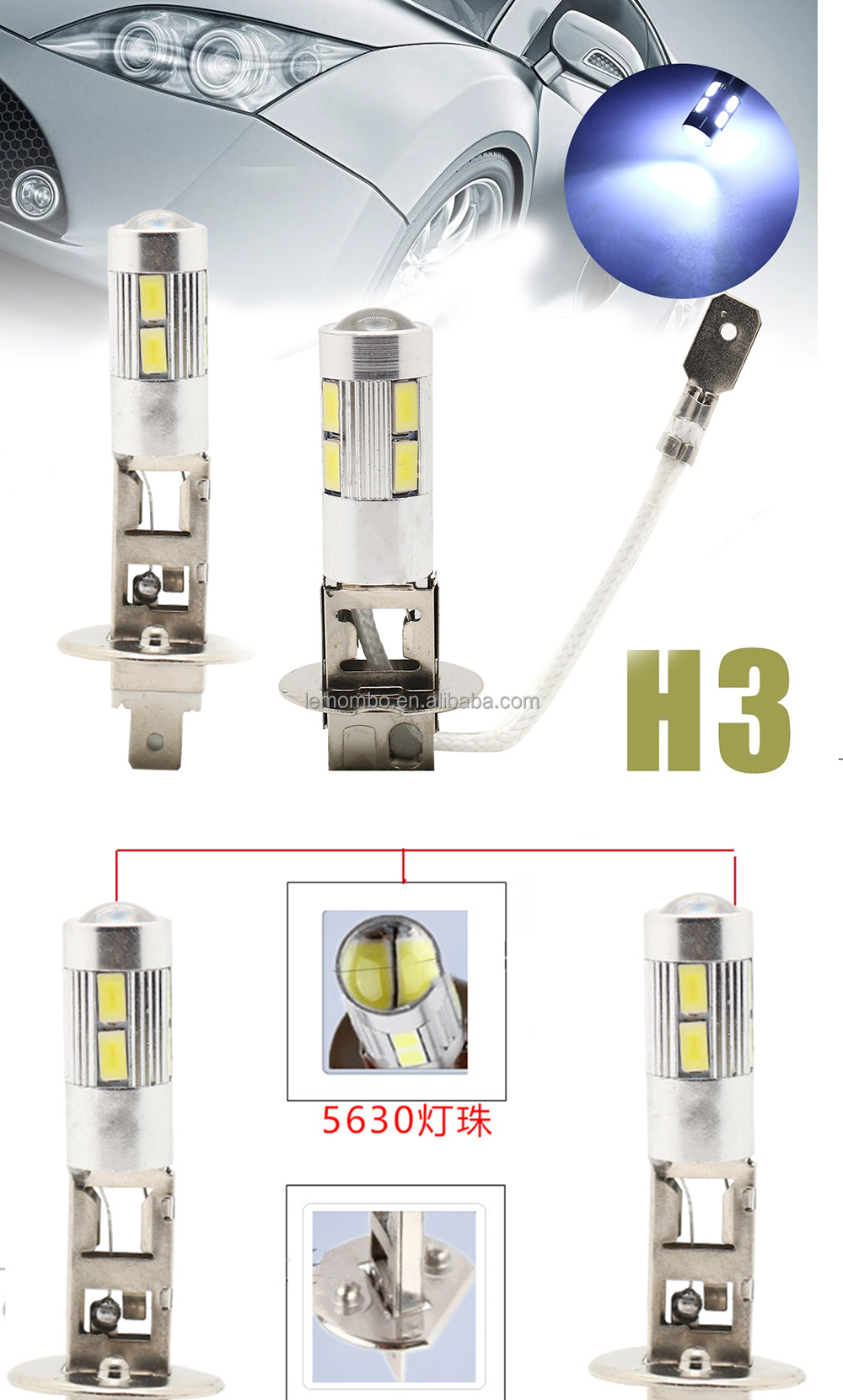 Automobile Fog Lights H1 5630 10SMD Smd Fog Driving H3 Led Fog Light Bulb 12V