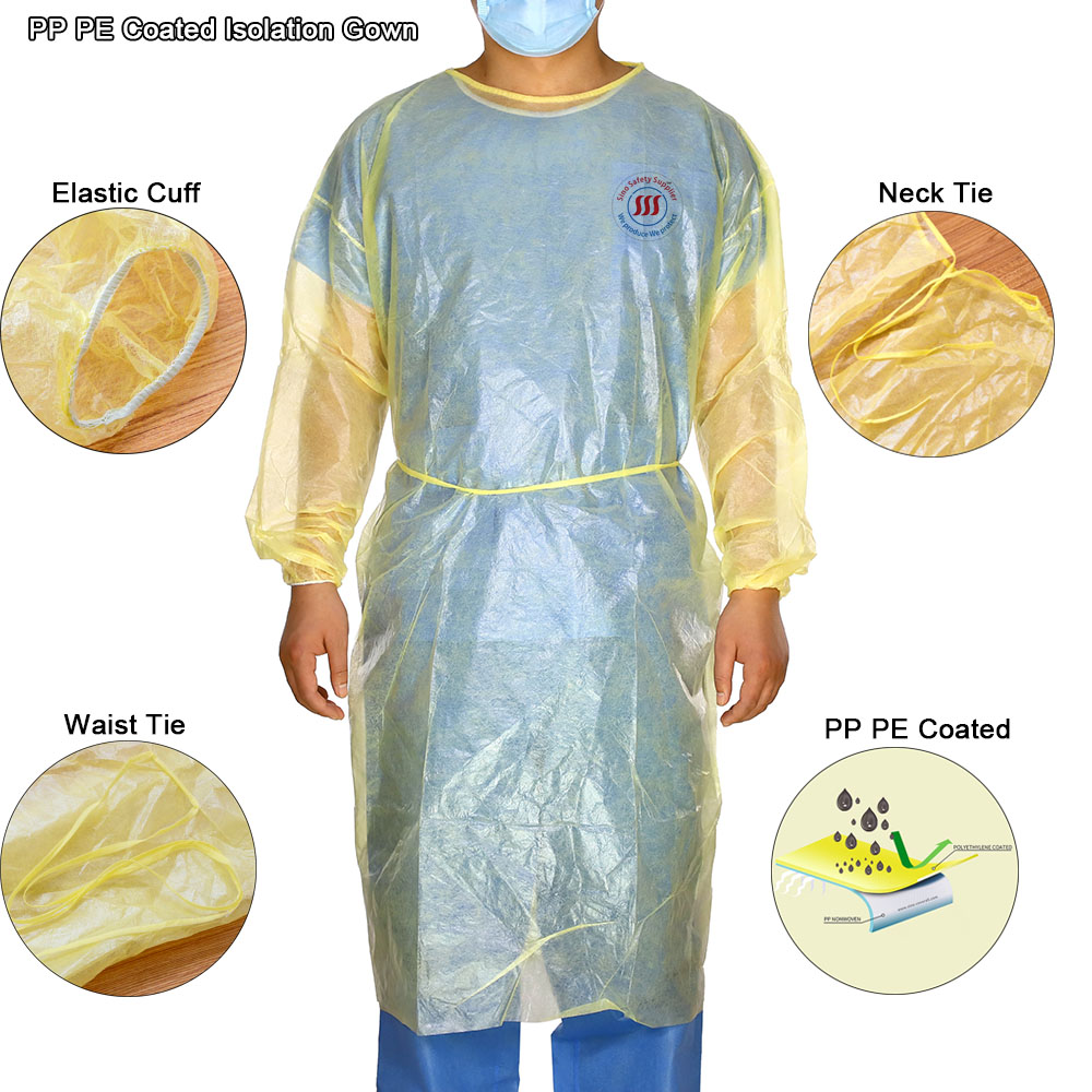 Disposable Pp Pe Coated Waterproof Non Woven Isolation Gowns Yellow Color