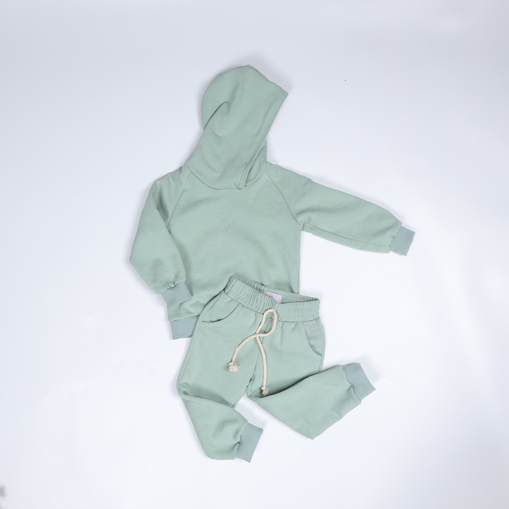 Green Plain Pullover Sweatshirt 300gsm Classic Sweat Pants Set With Fleece Fabric