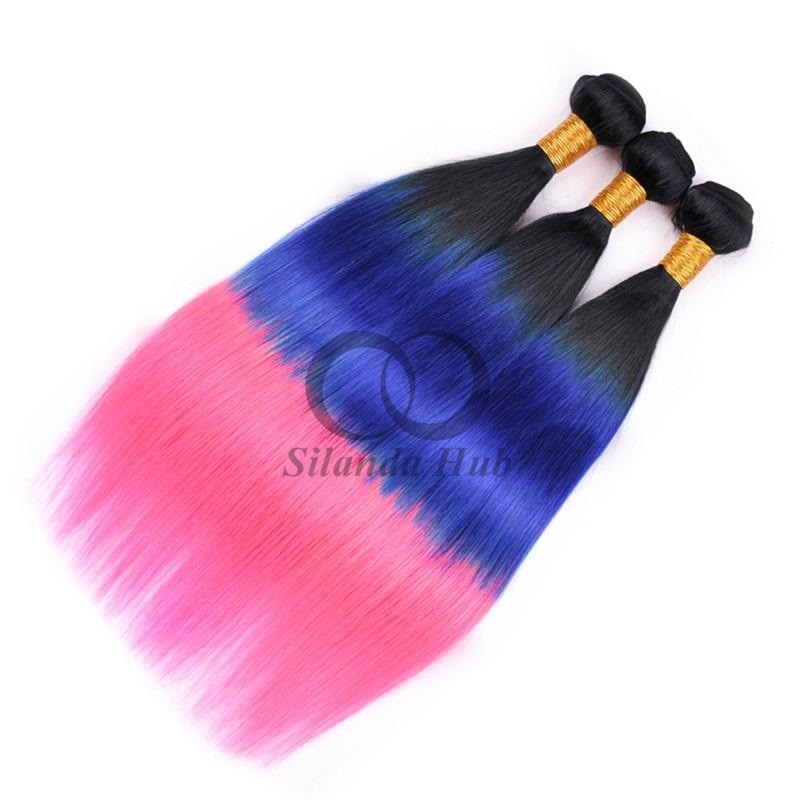 #T1B/Blue/Pink Straight Remy Human Hair Bundles Sew In Weave Bundles Brazilian Bundle Deals