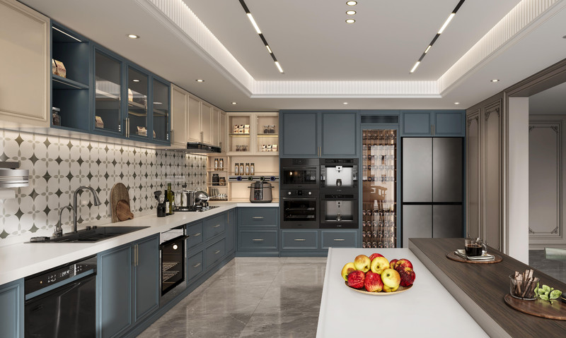 Versatile French Style Kitchen Cabinet With Indigo Blue And Cream Contrasting Design