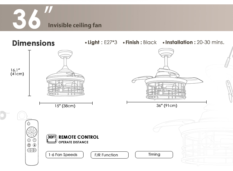 LED Light Source 36-inch Ceiling Fan with Retractable Blades and 100% Copper Motor