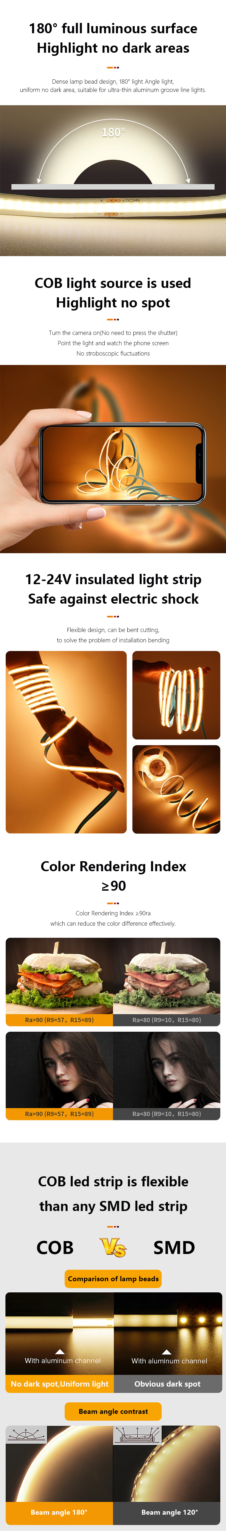 Color Changing Multicolor Flexible COB LED Strip Light 16.4ft 5m 24V for Room Bedroom Party DIY Decoration