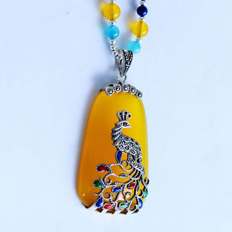 925 Silver Enamel Yellow Chalcedony Pendant Lapis Lazuli Beads Strand Necklace (XH057272)