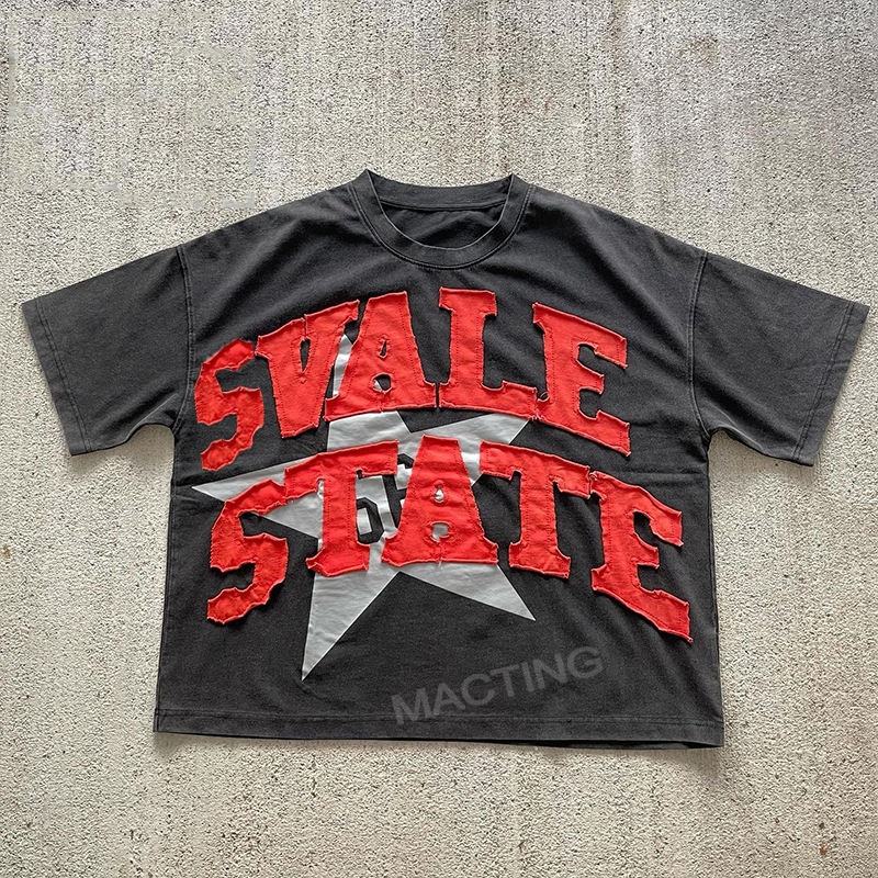 Custom Summer Heavyweight Vintage Distressed Patch Embroidery Acid Wash Cotton T-shirt Men