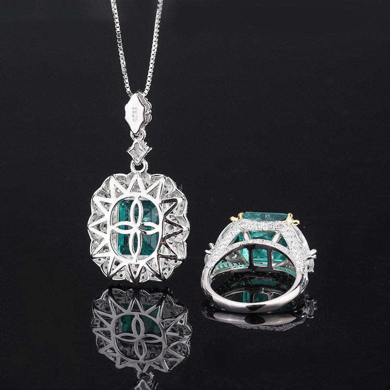 Zircon Square Gemstone Necklace Pendant Ring Set For Birthday Gift