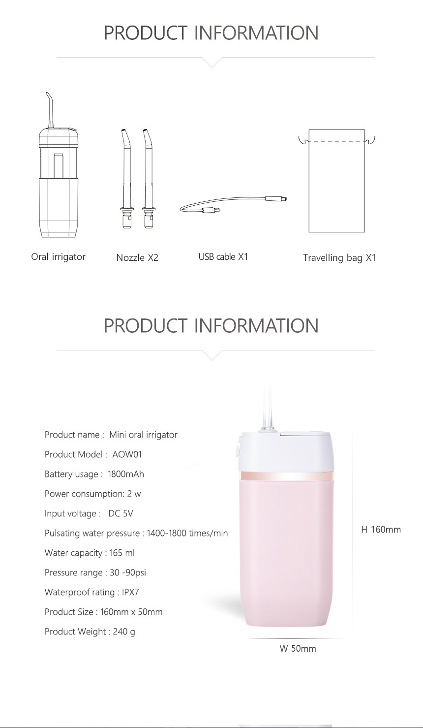 Cordless USB Portable Water Flosser Oral Irrigator 30-100PSI 50/60Hz
