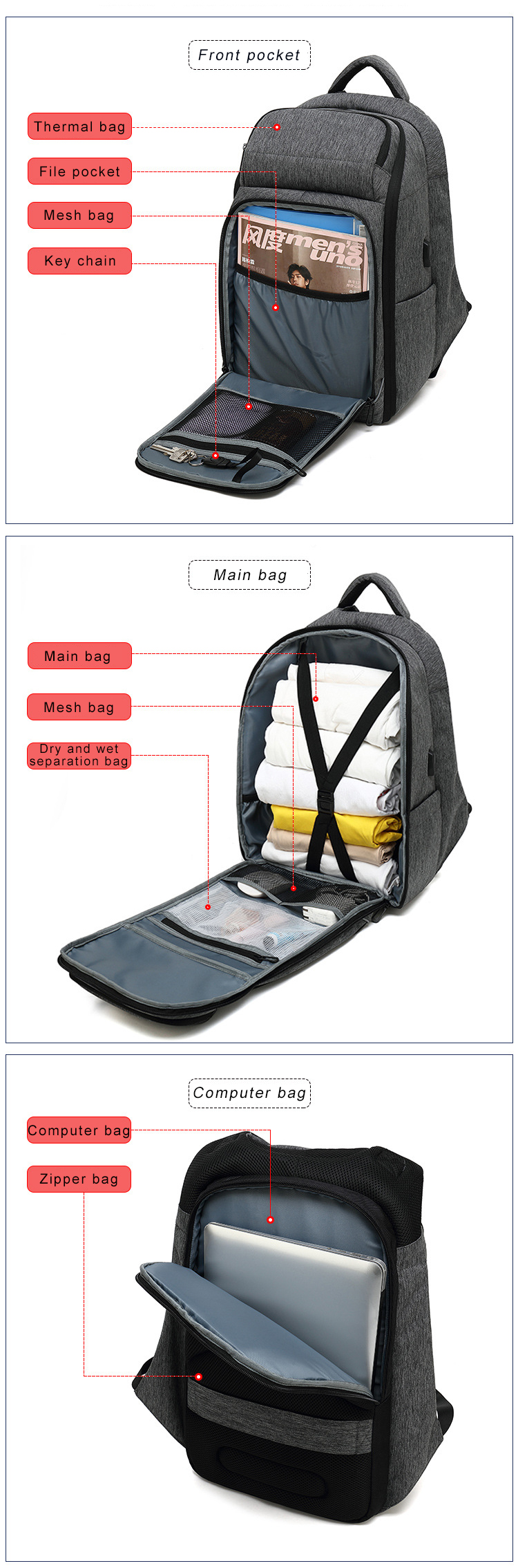 25 Litre Computer Interlayer USB Charging Anti Theft Waterproof Backpack