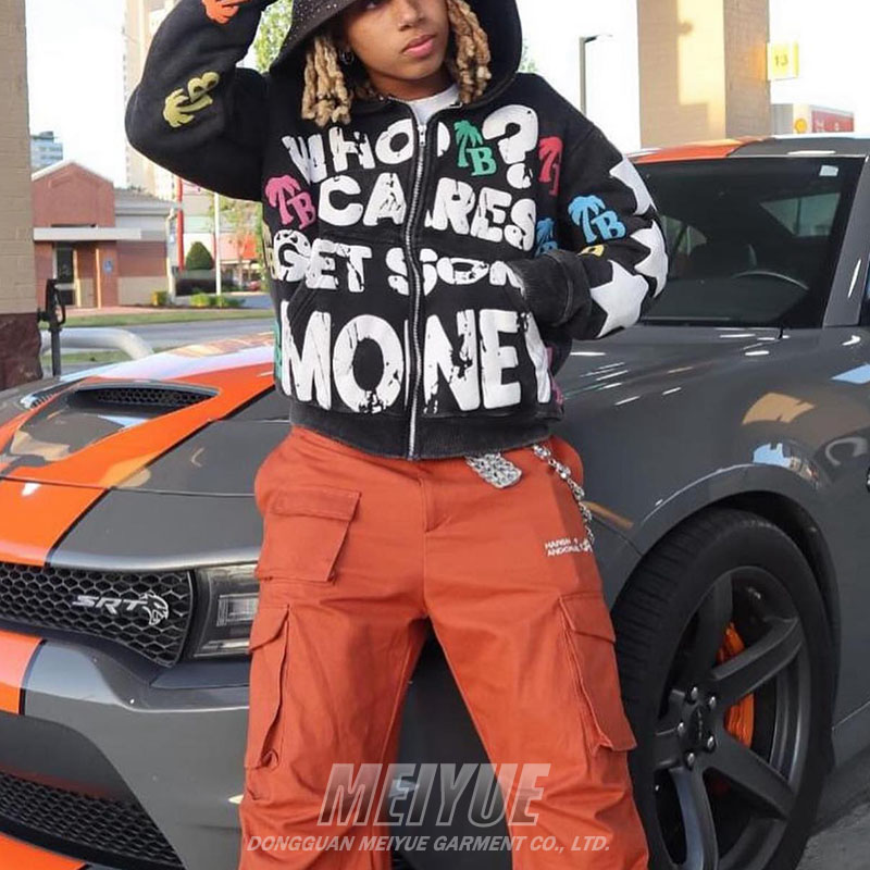 Streetwear Rhinestone Zipper Hoodie Cropped Puff Printing 500 Gsm