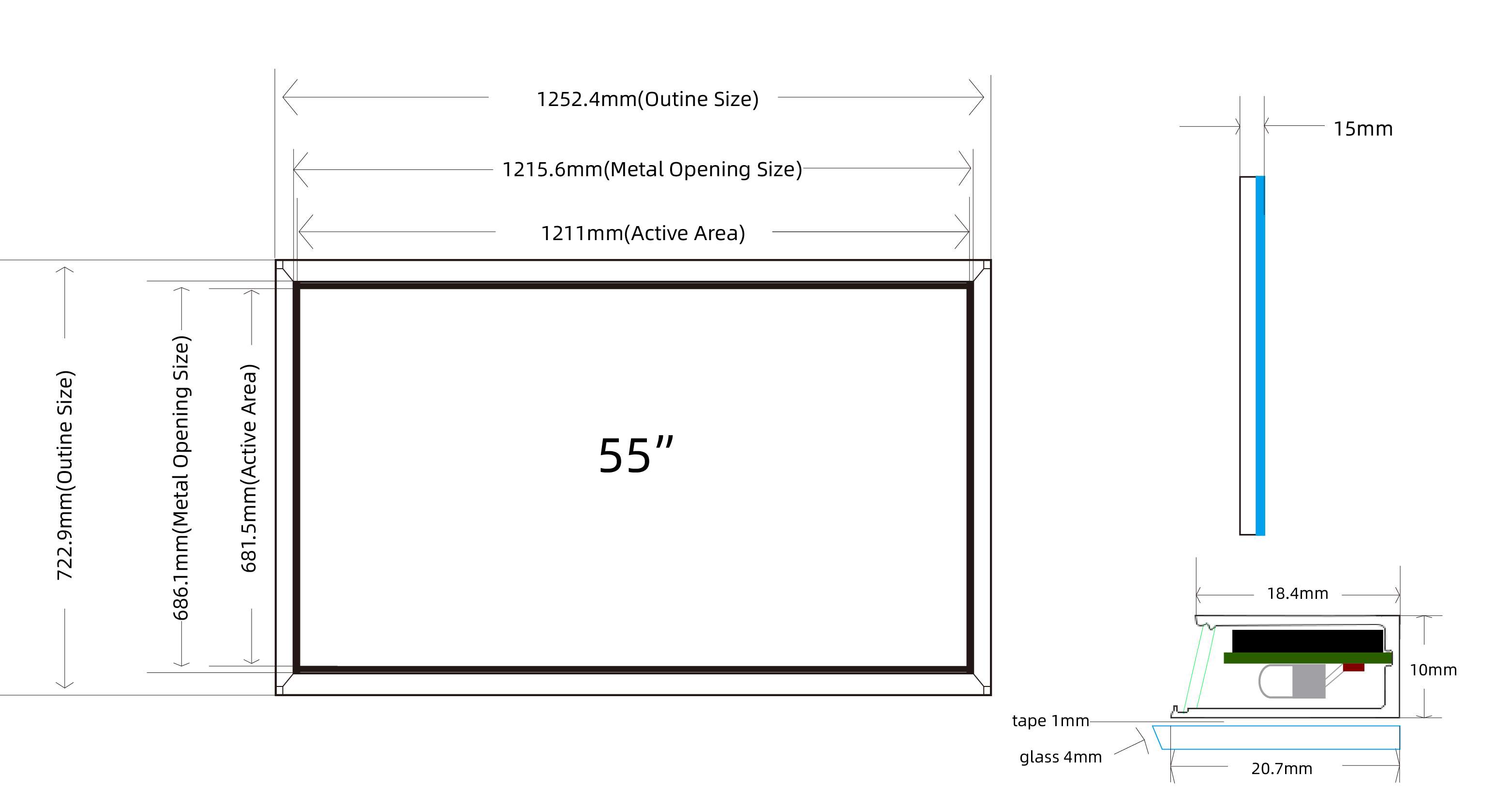 55 Inch IR Touch Screen Frame Overlay 20.7mm Width 10mm Thickness
