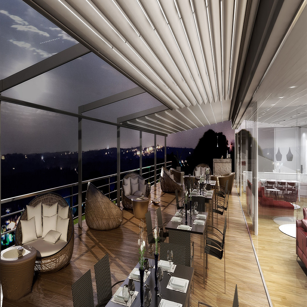 Outdoor electric LED retractable roof pergola and pergola components